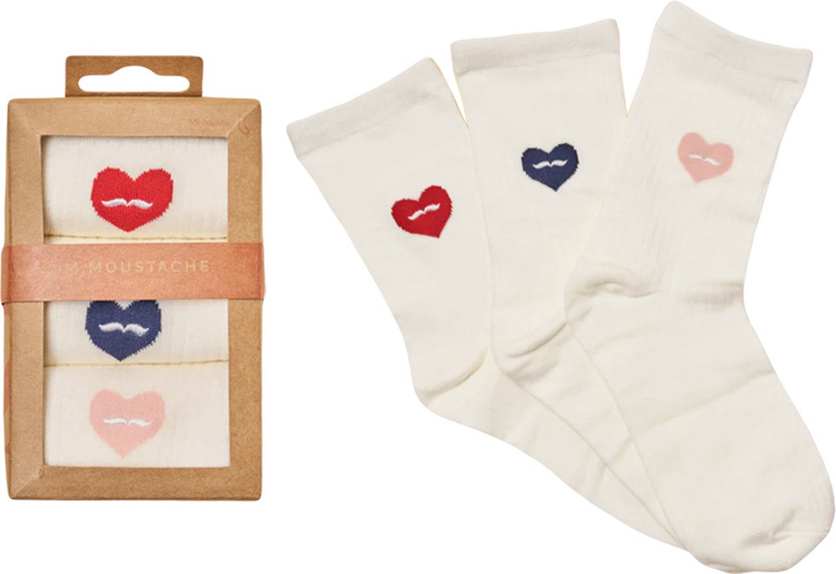 M. Moustache dames giftbox 3P sokken fancy heart wit - 36-41