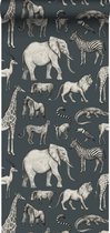 Papier peint ESTAhome animaux de la jungle bleu gris et gris - 139272 - 0,53 x 10,05 m