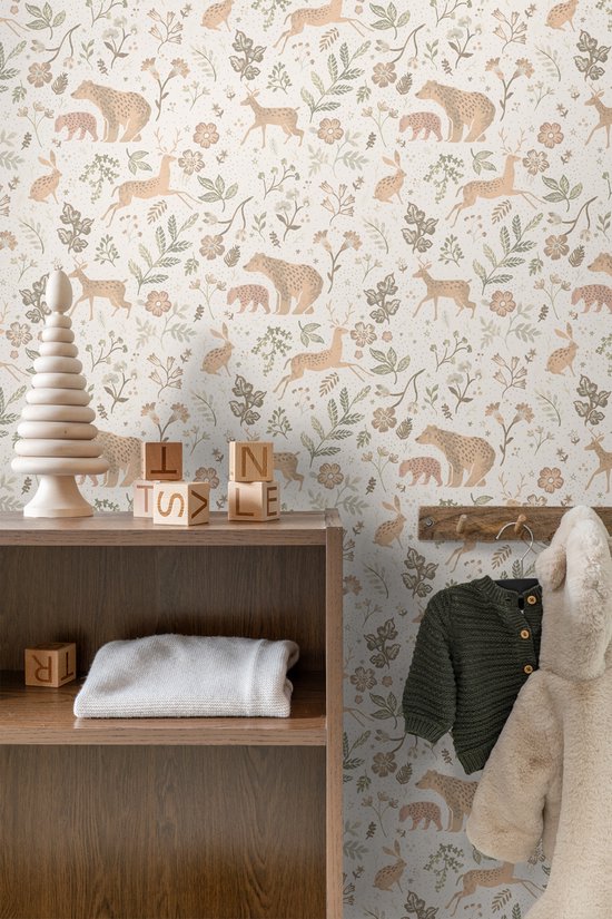 ESTAhome papier peint forêt avec animaux de la forêt blanc cassé et beige - 139525 - 53 cm x 10,05 m