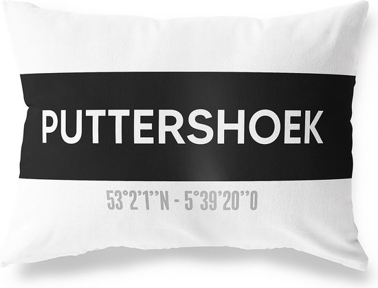 Tuinkussen PUTTERSHOEK - ZUID-HOLLAND met coördinaten - Buitenkussen - Bootkussen - Weerbestendig - Jouw Plaats - Studio216 - Modern - Zwart-Wit - 50x30cm