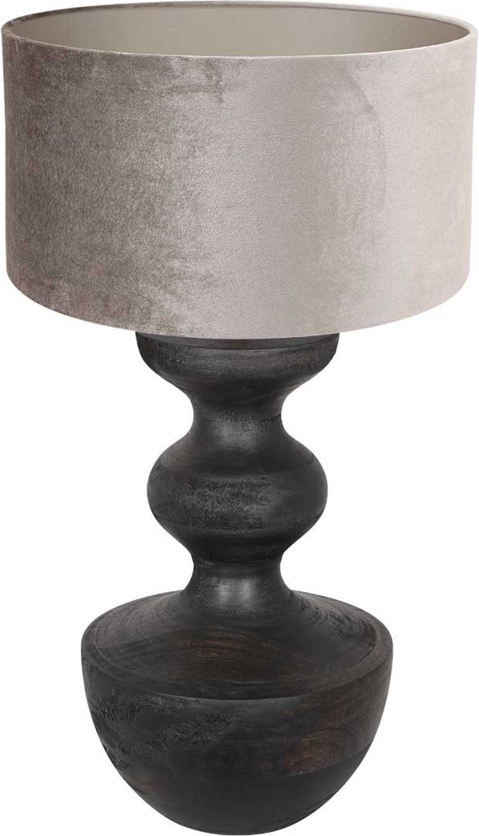Landelijke tafellamp Lyons met kap | 1 lichts | zilver / bruin / zwart | hout / stof | Ø 40 cm | 67 cm hoog | dimbaar | modern / sfeervol design
