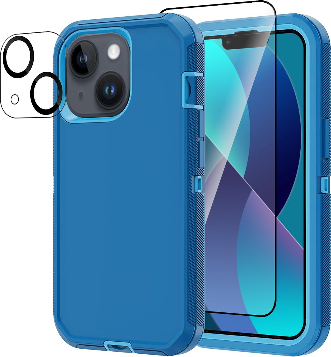 Stravo Heavy Duty iPhone 13 case met Screen Protector en Lens Protector - Blauw - Dustproof shockproof telefoonhoes cover bestaande uit 3 lagen inclusief schermbeschermer en lensbeschermer - Geschikt voor Apple iPhone 13