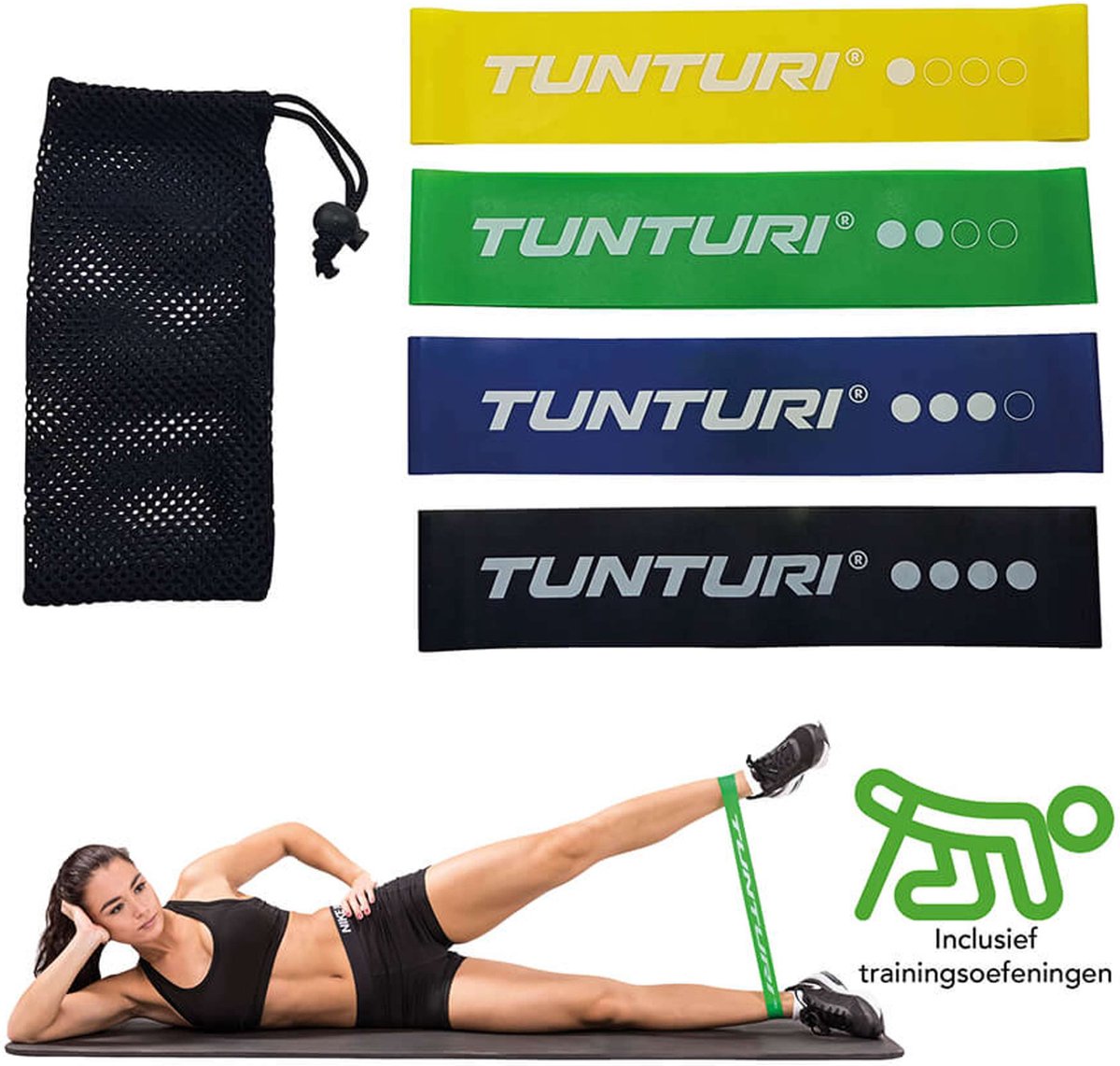 Tunturi 4 Weerstandsbanden Set - Mini Power body band - Weerstandsband - Fitness elastiek - Fitnessband - Trainingsband - Gymnastiekband - Incl. gratis fitness app - Tunturi