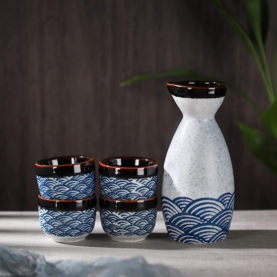 Service à saké japonais en céramique, 1bouteille et 2 tasses