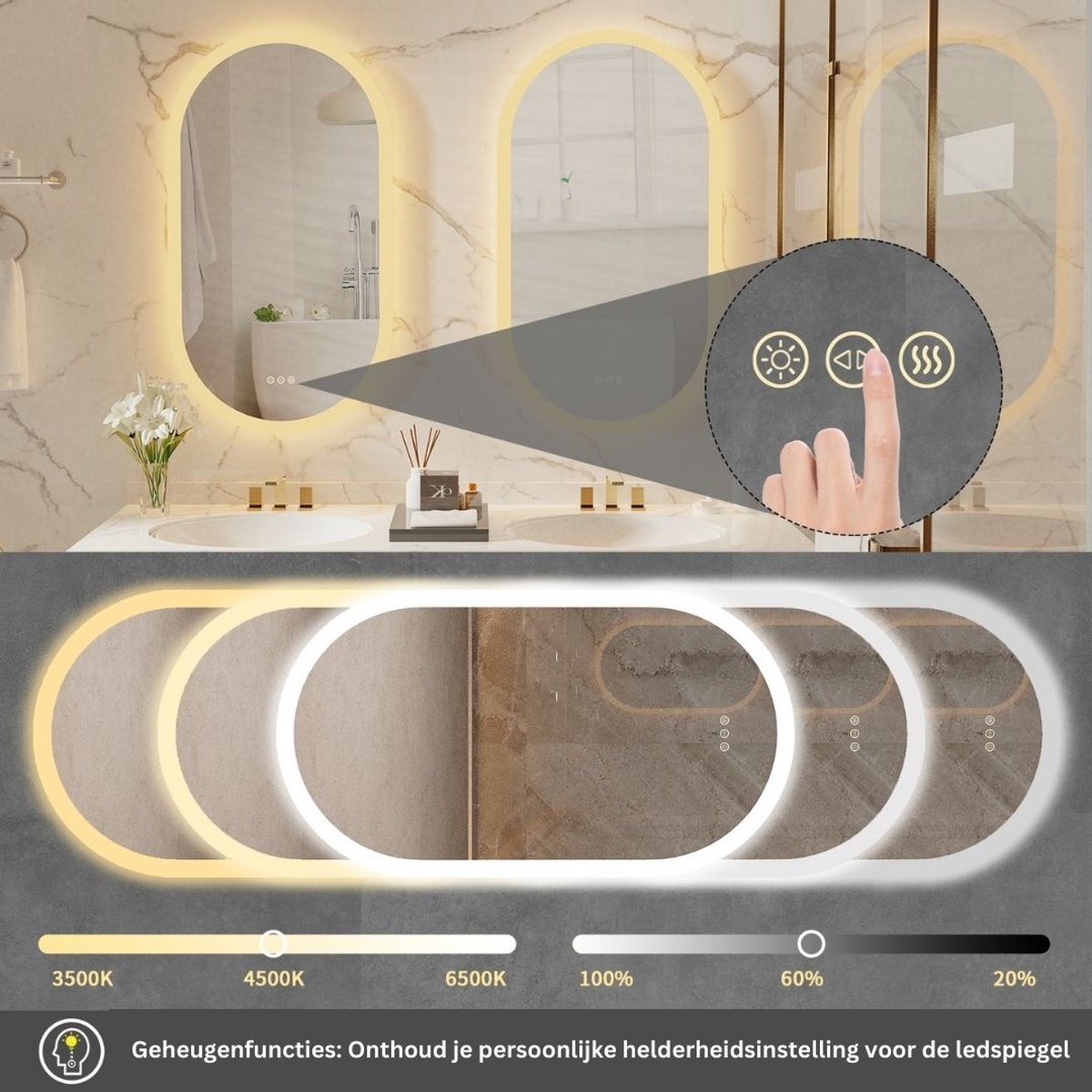 Loomar Spiegel met led - Spiegel met verlichting - Badkamerspiegel - Dimbaar - Drie Kleuren - Anti-Fog