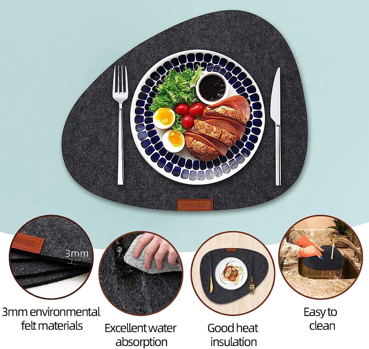 Vilten placemats, onderzetters, set van 12 stuks, hittebestendige antislip placemats...