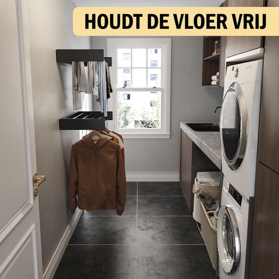 PLAY IT Wanddroogrek 120cm Inklapbaar XXXL Zwart - 8.4 Meter Drooglengte - Wasrek/Droogrek Hangend + 2 Handdoek Haakjes