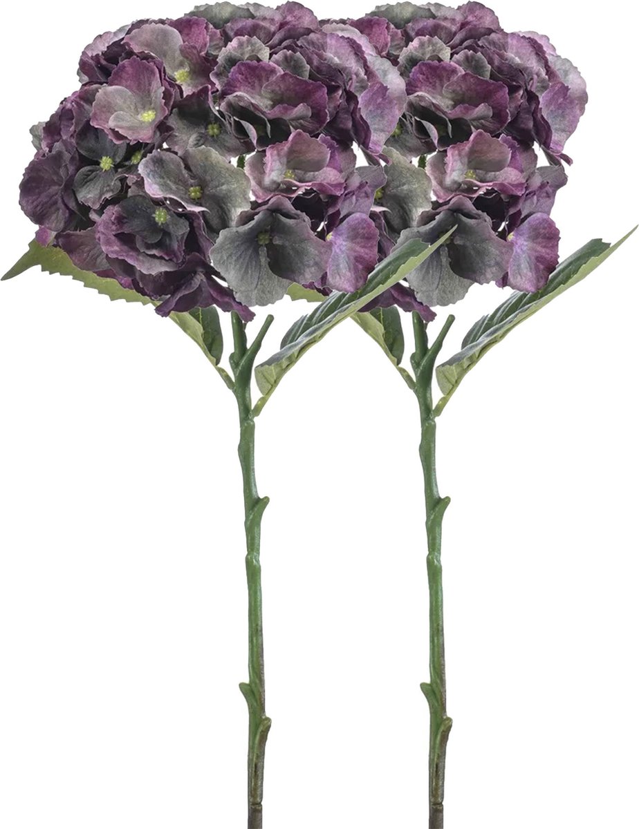 Emerald Kunstbloem hortensia tak - 2x - 50 cm - groen/paars - kunst zijdebloemen - decorat