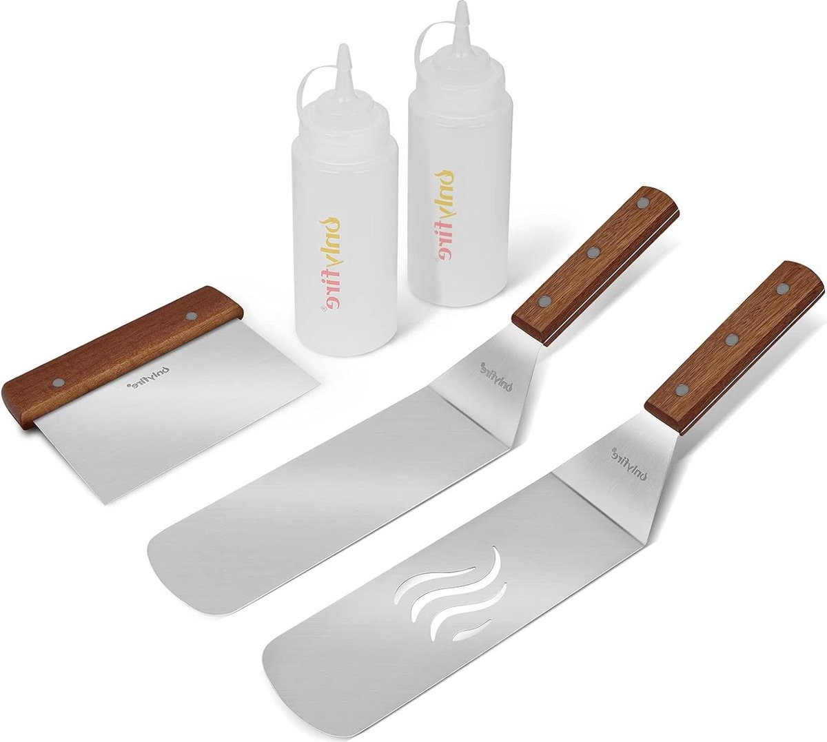 Plancha Grillspatel van roestvrij staal set van 2 spatels en 1 spatel 2 spuitflessen smash burger