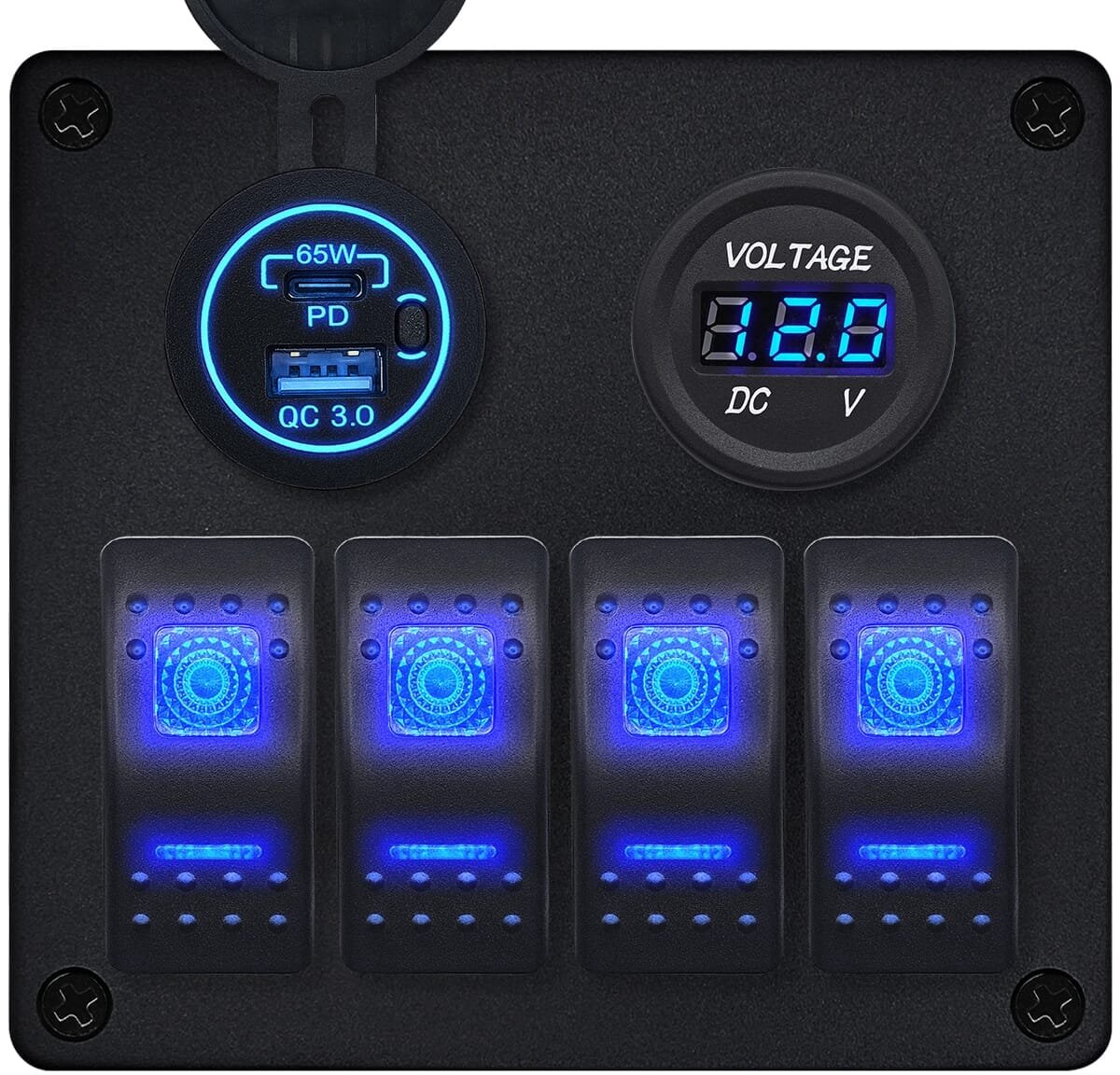 ProRide Schakelpaneel 12V voor Auto/Boot - USB C Lader 2 poorten met Voltmeter - 65W/QC3.0 - 4 Schakelaars