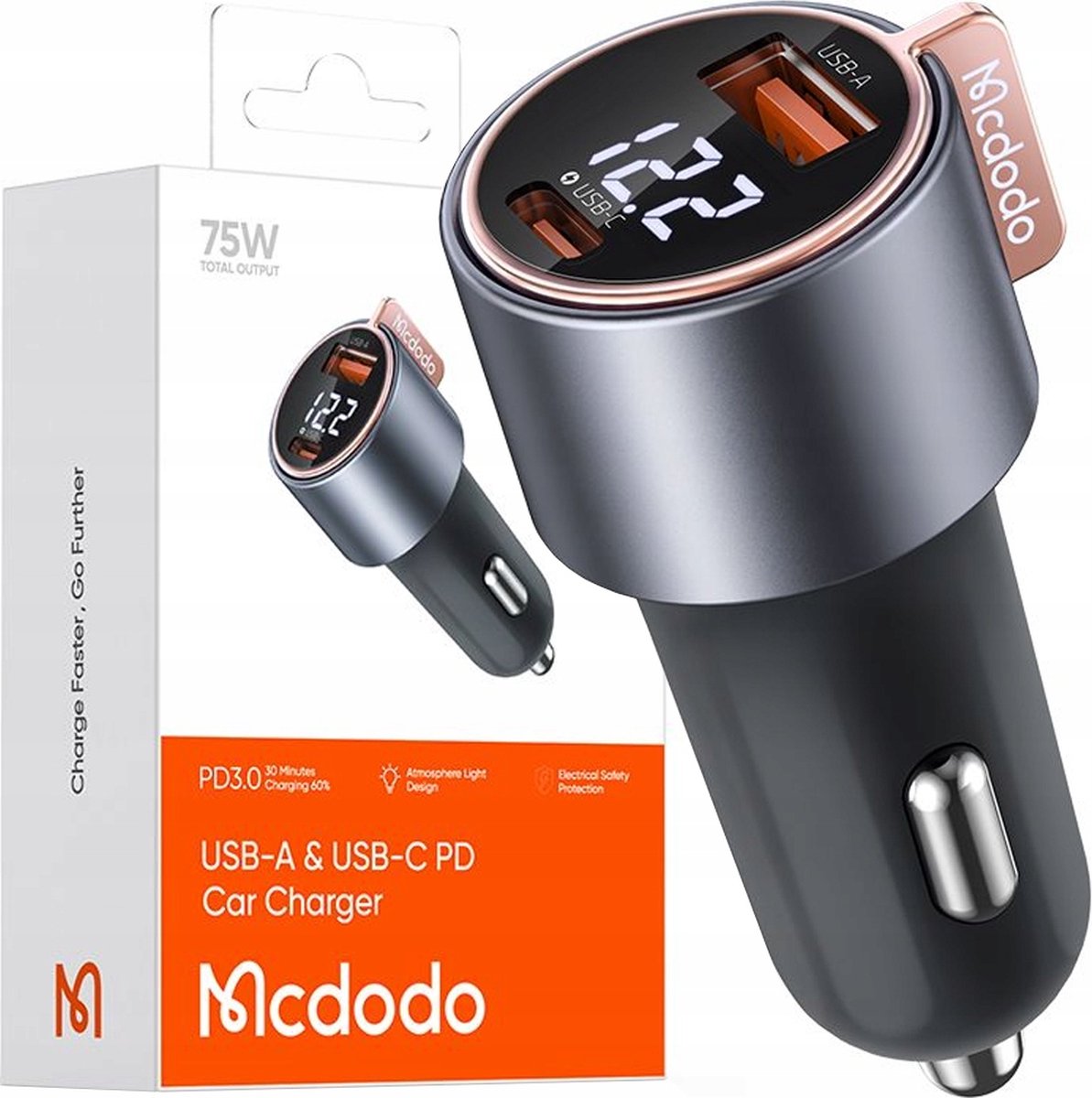 Mcdodo® GaN Autolader - Oplader - Voor telefoon - USB-C USB-A - 75W