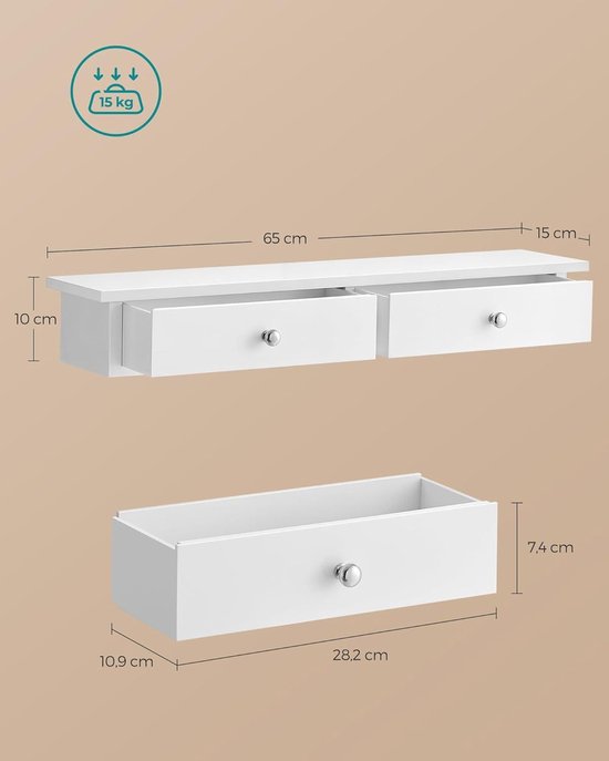 Songmics Wandplank met 2 laden, LWS65WT (65 x 15 x 10 cm