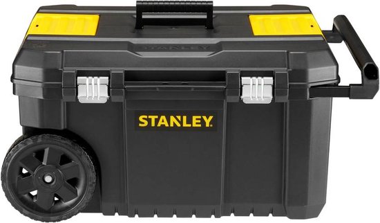 Zwarte, gesloten Stanley gereedschapskoffer op wielen met gele accenten en een uitschuifbare handgreep.