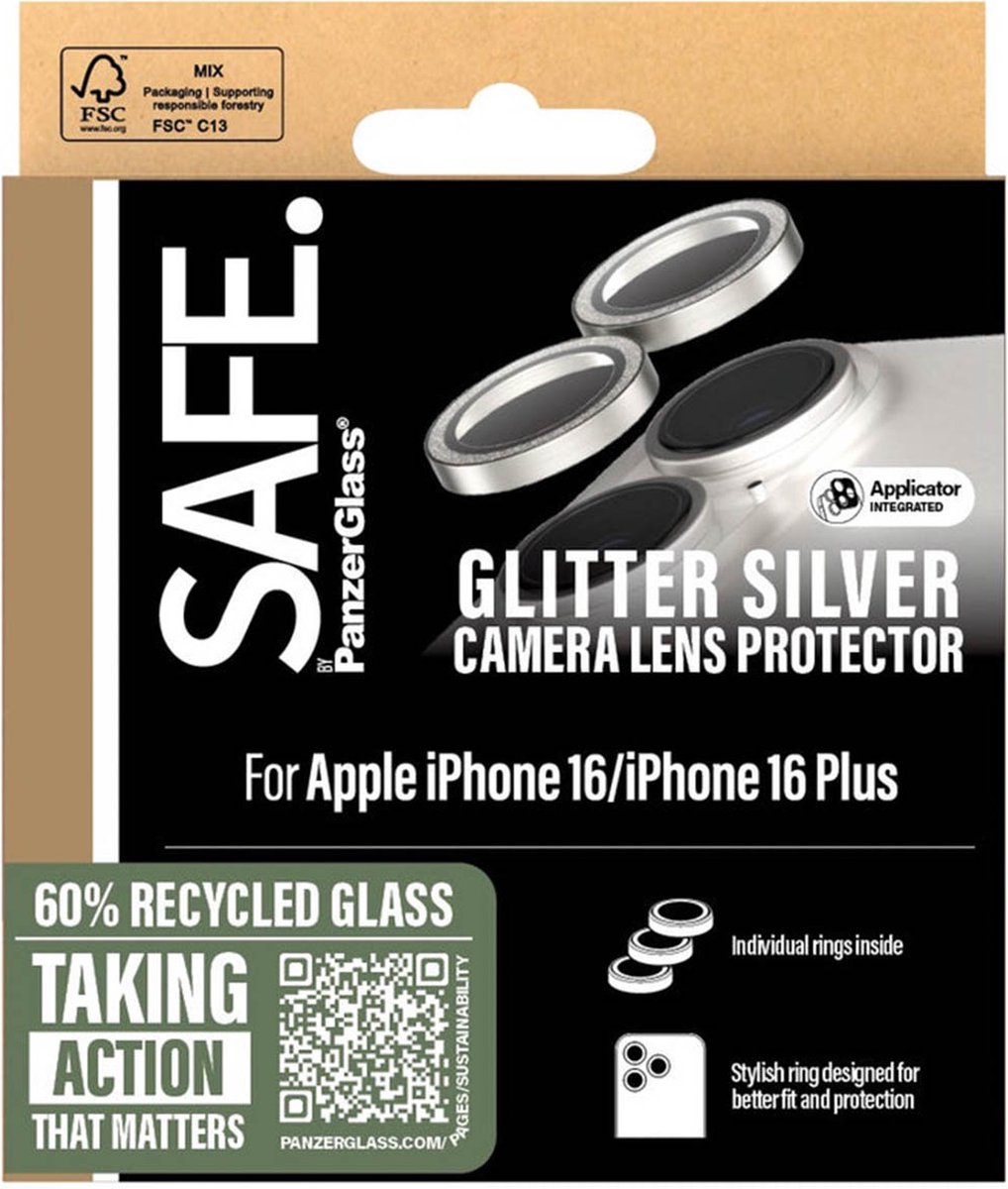 SAFE by PanzerGlass Camera Lens Protector geschikt voor iPhone 16 / 16 Plus - Glitter Silver