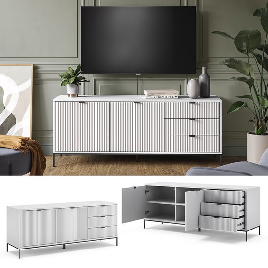 Vicco Meuble TV Eliza, Wit, 150,1 x 60 cm avec 3 tiroirs, 2 portes
