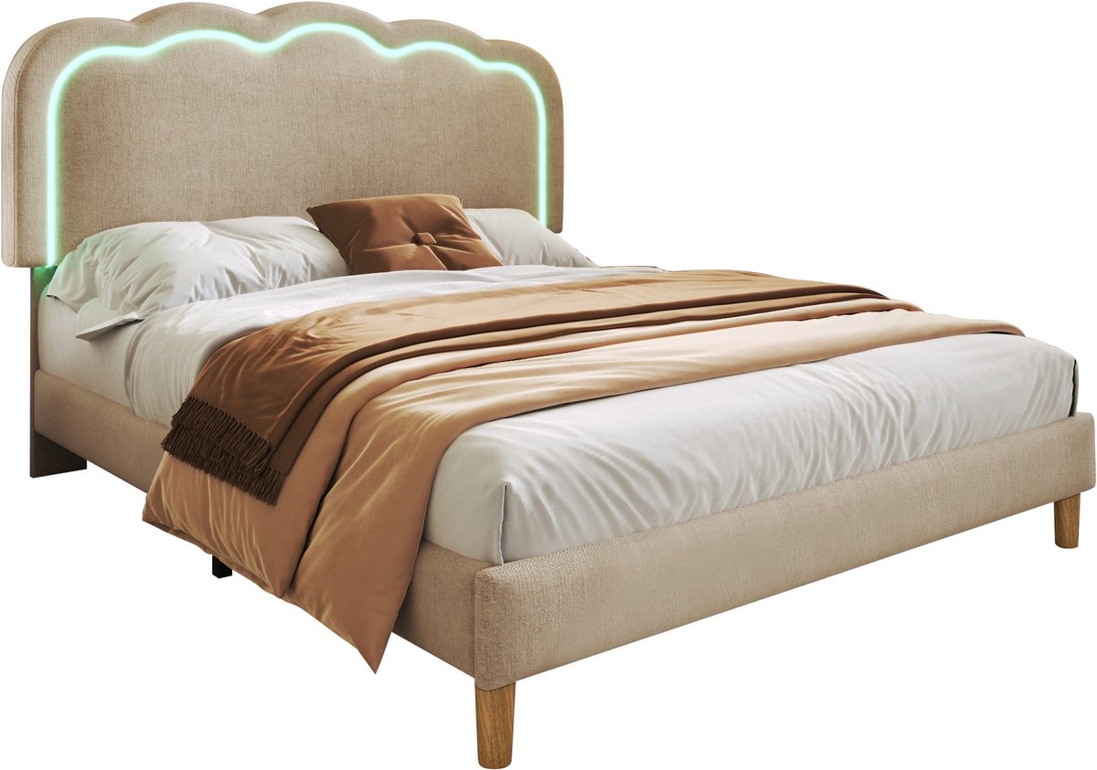 Merax 140x200cm LED Bed met Verstelbaar Hoofdbord - Gepolsterd Bed met Lattenbodem - Beige Linnen - Voor Slaapkamer en Logeerkamer