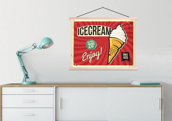 Porte-affiche avec affiche - Affiche scolaire - Glace - Vintage - Panneau publicitaire - Dessin - 60x45 cm - Lattes vierges