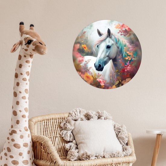 Muurstickers paard - Bloemen - Dieren - Roze - Behangsticker - Behangcirkel zelfklevend - Wandbekleding - Ronde muurdecoratie - 80x80 cm - Muursticker cirkel - Plak stickers - Wall sticker
