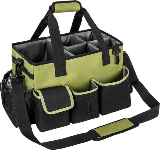 Opvouwbare schoonmaakmiddel-organizer: 17 l, hoge capaciteit, poetstas met handvat en 6 vakken, draagbare reinigingstas, poetsen, voor outdoor, badkamer, tuin, camping, picknick, groen