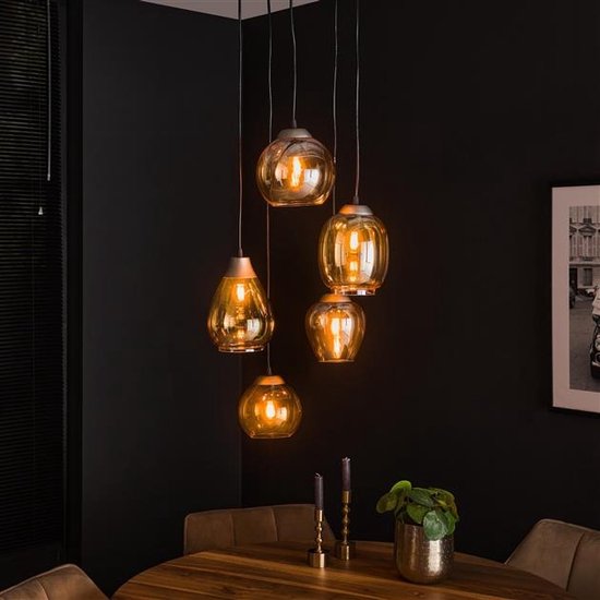 PS-Collection Getrapt Mix 5L Hanglamp - 43x43x150 cm - Amber Glas - hanglampen eetkamer, hanglamp zwart, hanglampen woonkamer, hanglamp slaapkamer, hanglamp kinderkamer, hanglamp rotan, hanglamp hout, hanglamp industrieel