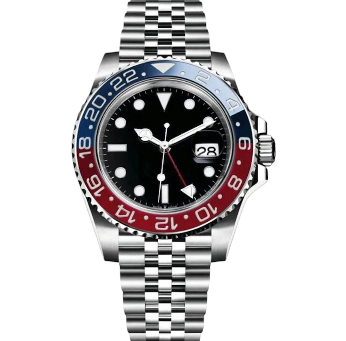 Denvosi Luxe Herenhorloge - Mannen - Zilveren Polsband - Blauw, Rood en Zilver - Luxe Doos - Pepsi