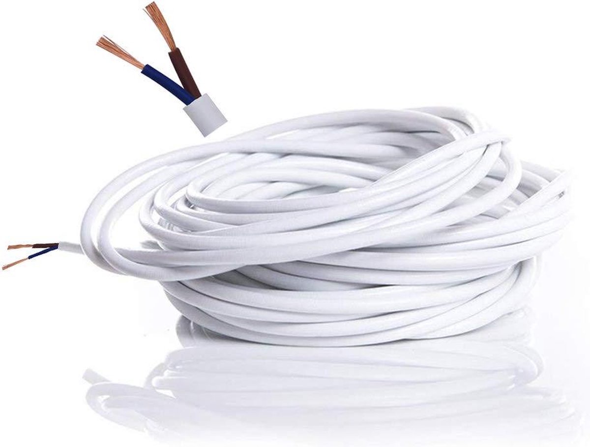 2-core flat PVC copper wire high temperature resistant 0.75 mm² twin power cable - 10m length - white stroomkabel 3 aderige