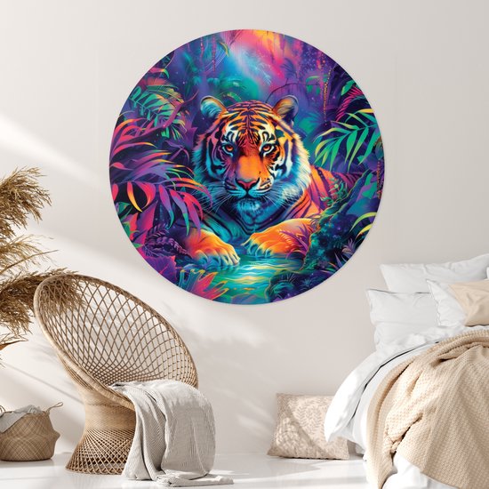 WallCircle® - Papier peint cercle 120x120 cm - Stickers muraux Tigre - Animal - Jungle - Coloré - Cercle mural chambre ado - Décoration chambre - Accessoires chambre ado - Cercle mural chambre jeunesse