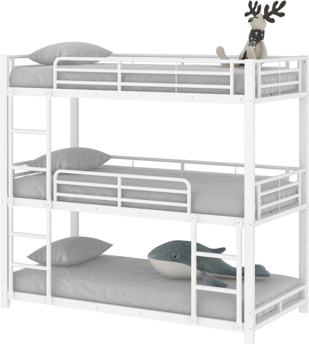 Merax Metalen Driepersoons Stapelbed - Wit - 3 Eenpersoonsbedden 90x200 cm
