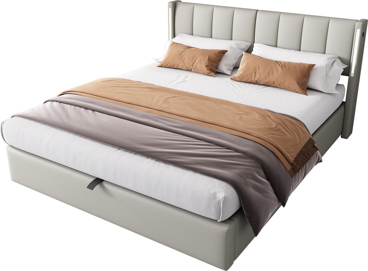 Merax Tweepersoonsbed met Hydraulisch Opbergruimte en LED Verlichting - Bed 140x200 cm met USB Aansluiting - Verstelbaar Hoofdbord - Kunstleer Grijs