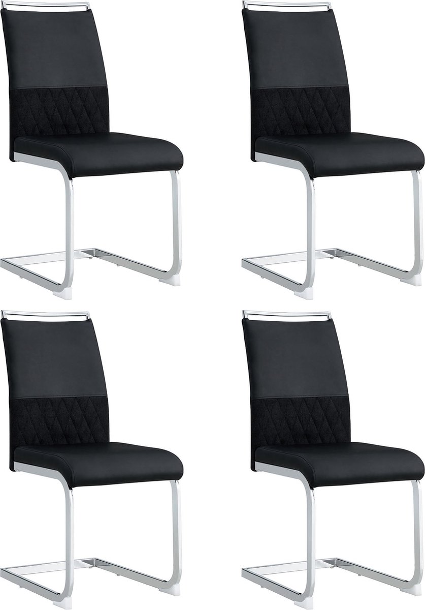 Merax Moderne Eetkamerstoelen Set van 4 - Zwarte Stoelen met Hoge Rugleuning van Kunstleer en Linnen - Zwart
