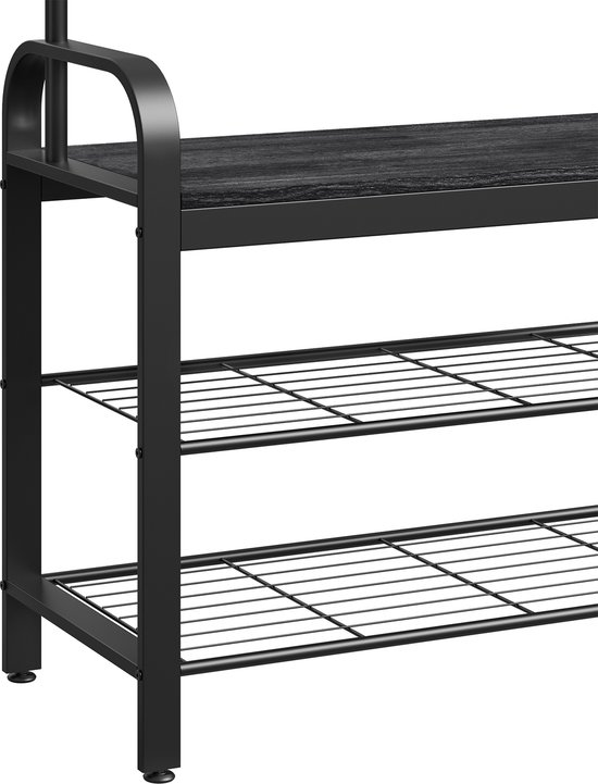 Zwart metalen frame met 2 zwarte houten legplanken en 3 metalen schoenenrekken.
