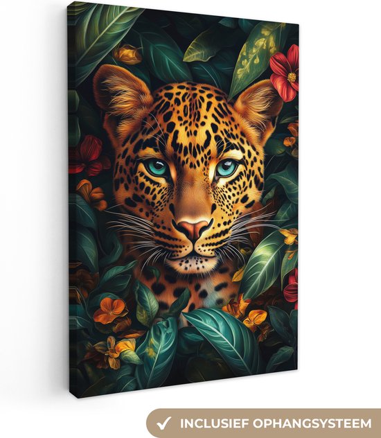 Canvas schilderij 80x120 cm - Wanddecoratie Luipaard - Natuur - Bloemen - Bladeren - Jungle - Muurdecoratie woonkamer - Slaapkamer decoratie - Kamer accessoires - Schilderijen