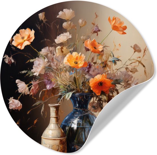 WallCircle® - Behangcirkel 80x80 cm - Muurstickers Boeket - Bloemen - Olieverf - Stilleven - Pastel - Muurcirkel woonkamer - Wandcirkel slaapkamer - Kamer decoratie zelfklevend - Muurdecoratie accessoires