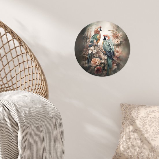 WallCircle - Stickers muraux - Cercle Papier Peint - Perroquets - Vogels - Nature - Fleurs - 30x30 cm - Cercle Mural - Auto Adhésif - Autocollant Rond Papier Peint