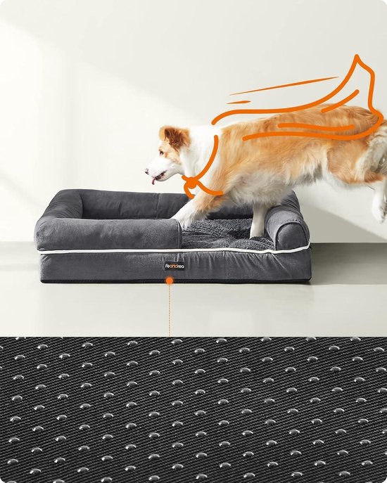 KSIIA Orthopedisch hondenbed, middelgrote honden, hondensofa, overtrek, afneembaar, wasbaar, hondenbank met drie verhoogde randen, antislip onderkant, noppenschuim, hondenmand, grijs, 91 x 68 x 16 cm