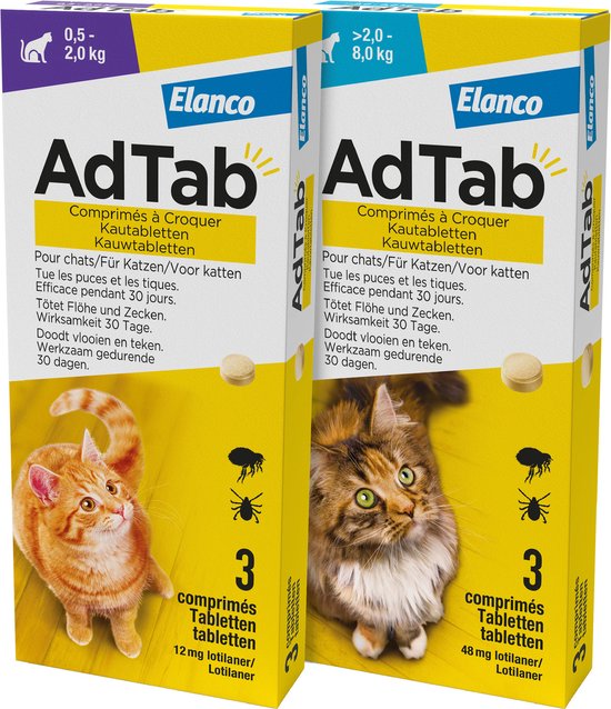 Twee AdTab verpakkingen, met oranje kat (0,5-2,0 kg) en bruin-grijze kat (>2-8 kg).