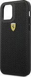 Zwart Ferrari telefoonhoesje met geperforeerd patroon en geel-zwart Ferrari logo.