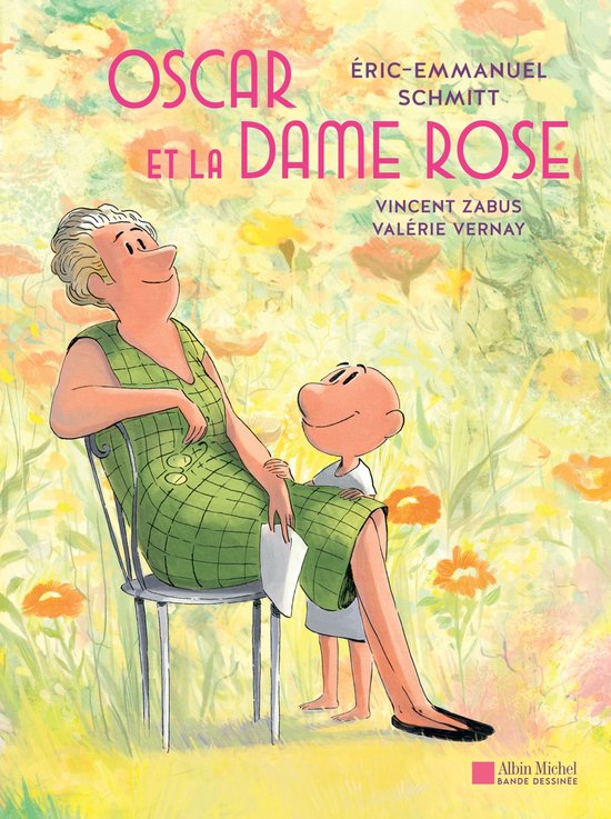 Couverture de livre: Oscar et la dame rose avec illustration d'une vieille femme souriante en robe verte et d'un petit garçon dans un jardin.