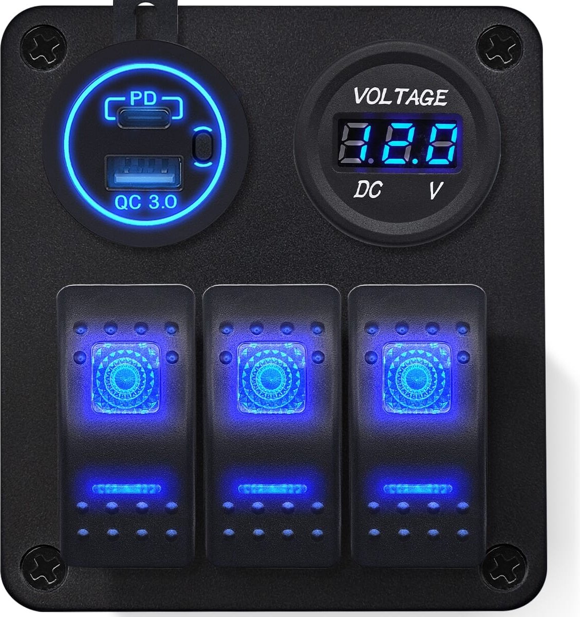 ProRide Schakelpaneel 12V voor Auto/Boot - USB Lader 2 Poorten met Voltmeter- 5V/2.1A - 3 Schakelaars