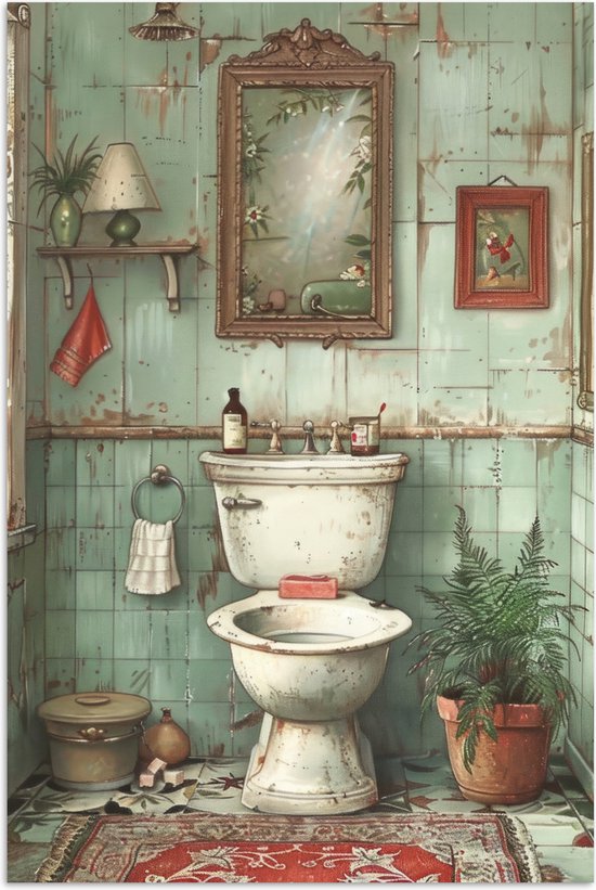 Een antiek toilet met groene tegels, een rode kelim en een plant.