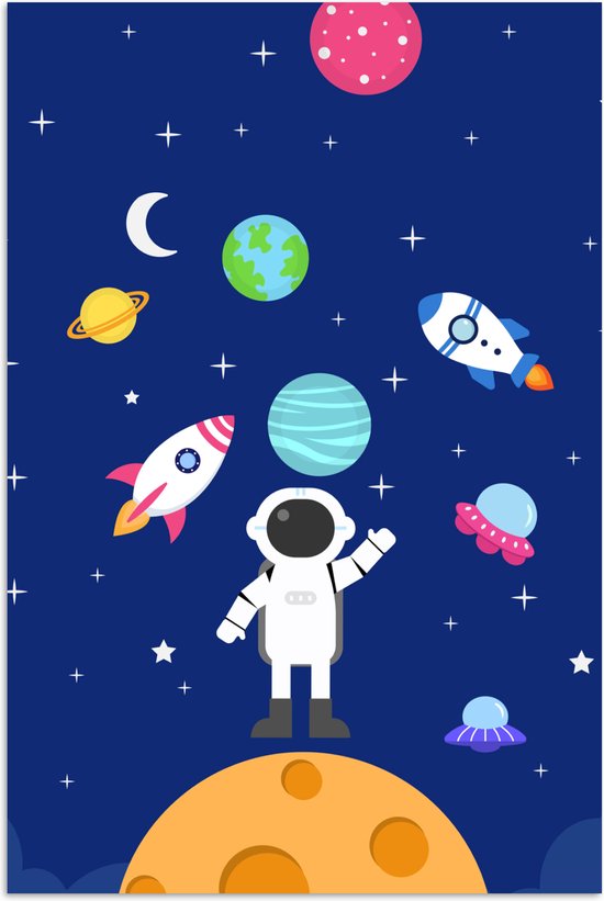 Poster 40x60 cm - Espace - Astronaute - Fusée - Blauw - Posters - Accessoires décoration chambre - Décoration murale chambre enfant - Décoration murale chambre bébé