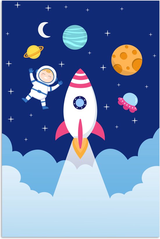 Poster 120x180 cm - Raket - Ruimte - Astronaut - Blauw - Jongens - Posters - Kamer decoratie accessoires - Wanddecoratie kinderkamer - Muurdecoratie babykamer