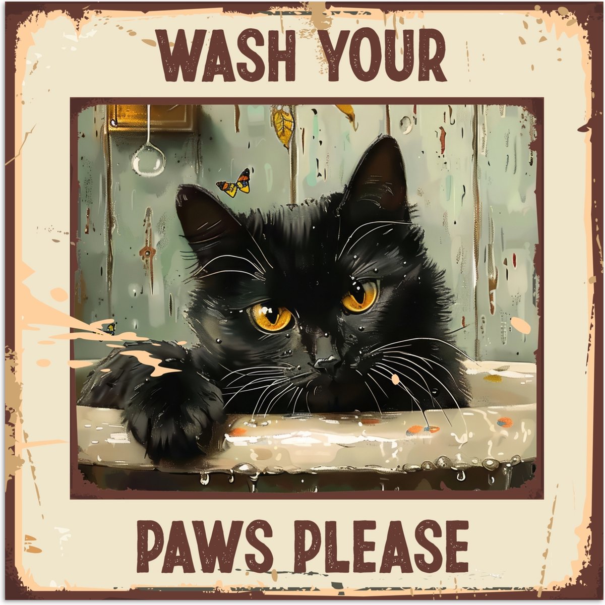 Poster 100x100 cm - Vintage - Kat - Quotes - Wash your paws please - Spreuken - Posters -