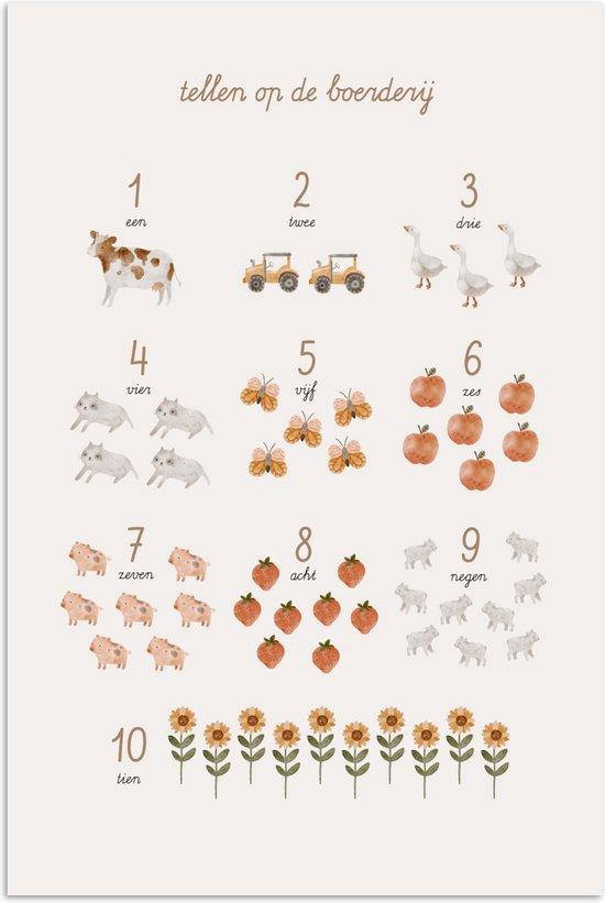 Poster 20x30 cm - Getallen tellen - Educatief - Cijfers leren - Boerderij - Posters - Kamer decoratie accessoires - Wanddecoratie kinderkamer - Muurdecoratie babykamer