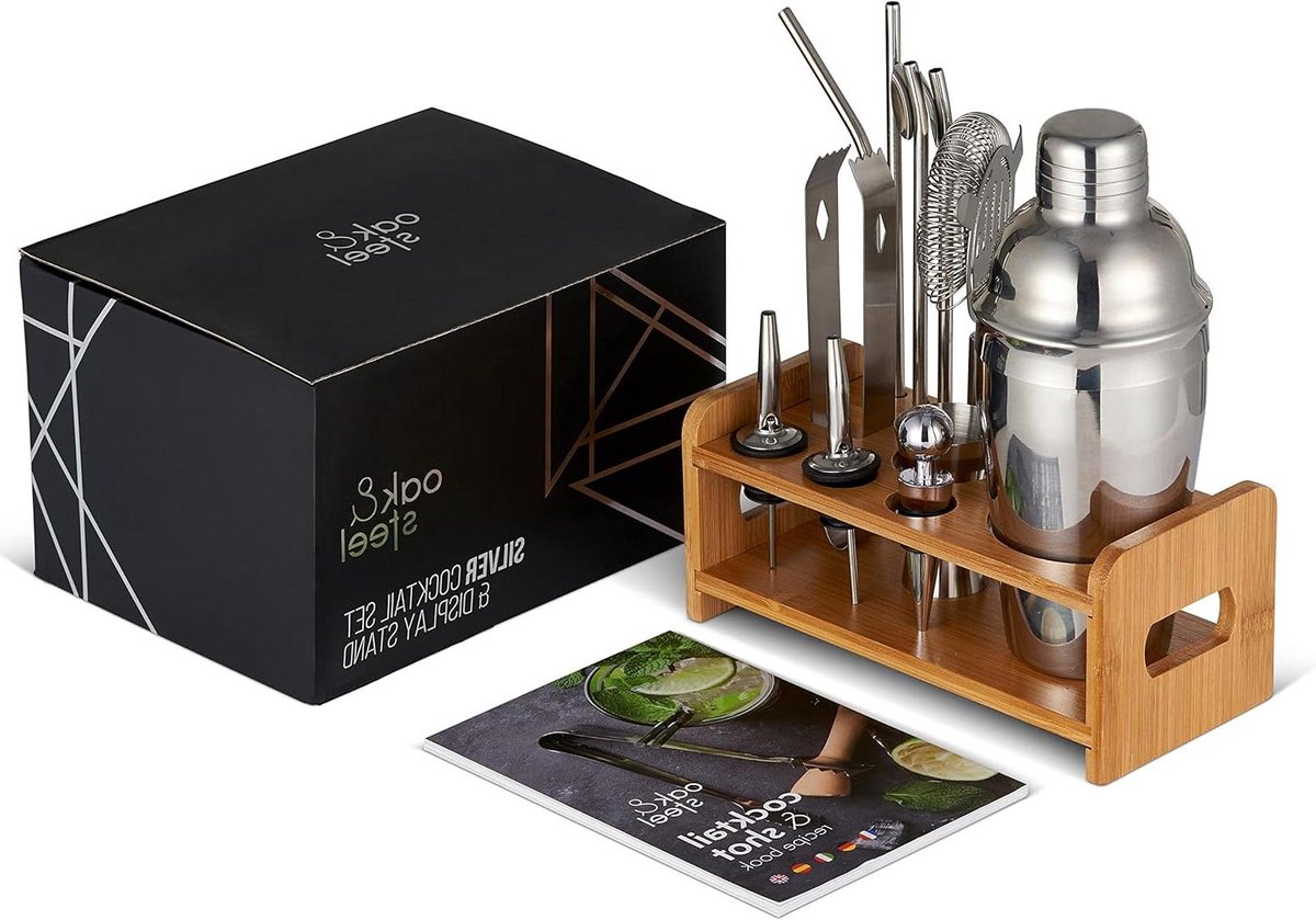 Cocktailset Professionele Roestvrijstalen 13-delige Cocktailshaker Cadeauset Met Houten Standaard Inclusief Receptenboek Kerstcadeau