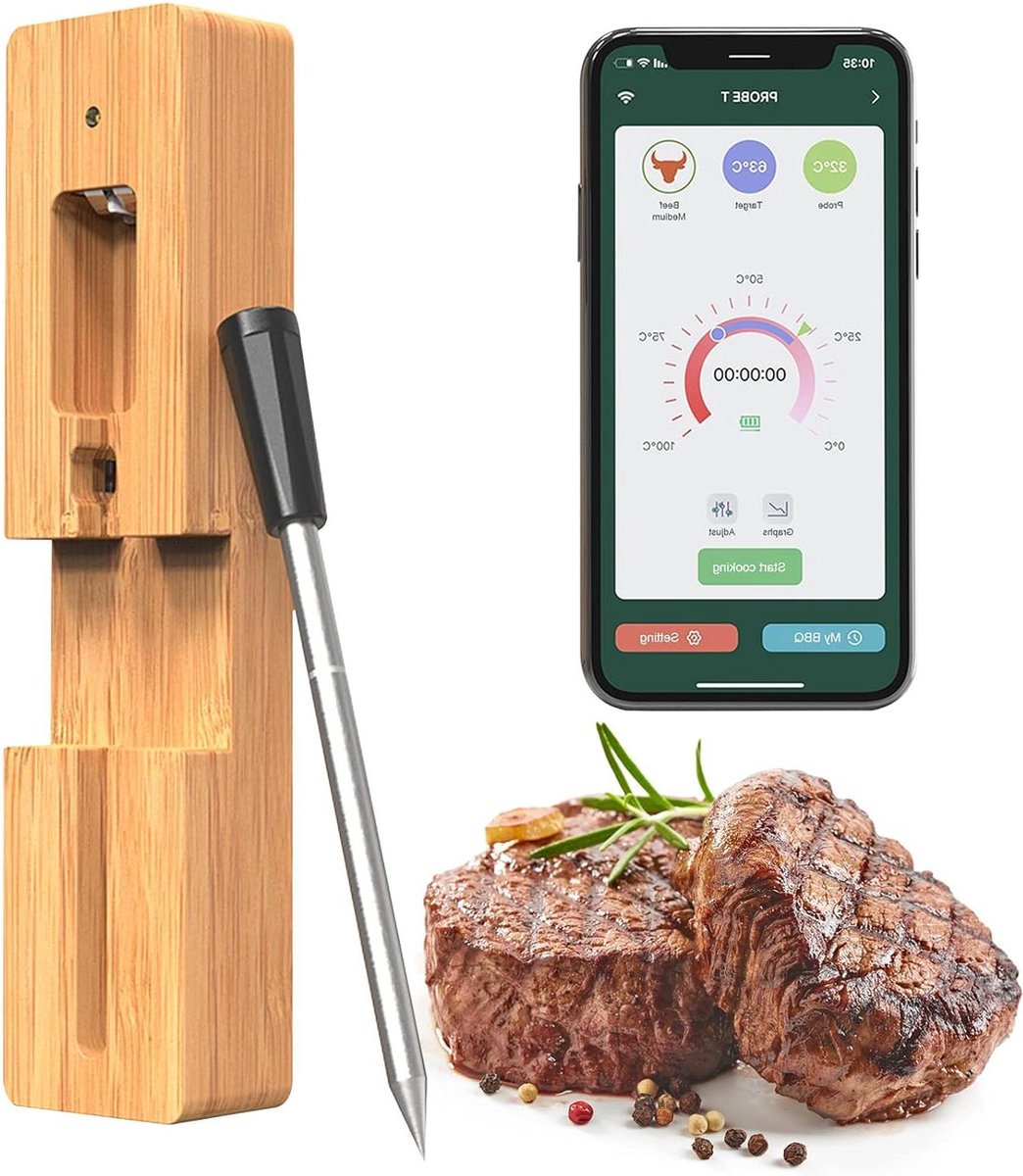 Vleesthermometer Keukenthermometer Draadloos 60m Bluetooth Waterdicht Oven Grill Keuken BBQ Rookoven Draaispit.meshbearer