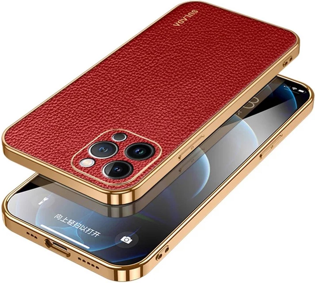 Sulada – PU Leather Coated PC+TPU – iPhone 15 Pro – Backcover – hoesje – Draadloos opladen - Rood