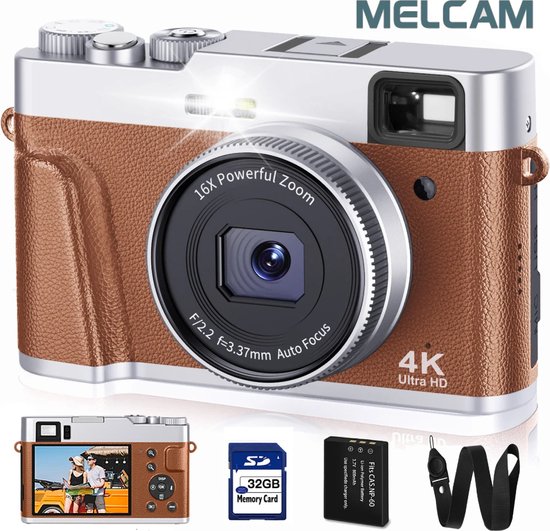 Foto: 4k digitale camera met autofocus en 48mp vlogging camera voor youtube met anti schok zoeker flits en instelschijf bruin digitale camera voor vlogs en video