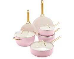 foto van GreenPan Padova Aluminium Pannenset 10-Delig - Ø18cm-28cm - PFAS-vrij - Inductie - Ovenbestendig tot 200 graden - Gouden RVS handgrepen - Roze - Incl deksels
