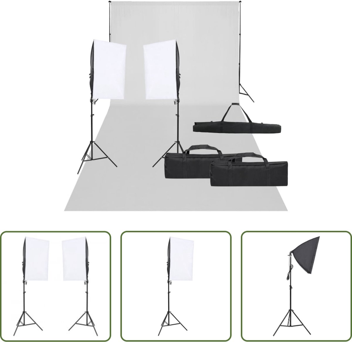 The Living Store Fotostudioset - 2x Softbox - 2x Statief - 2x LED-lamp - 2x Standaard - 2x Middenstangsegment - 1x Achtergrond - 3x Draagtas